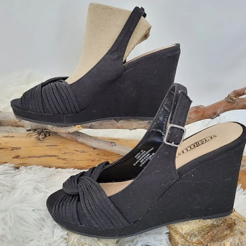 Seychelles Martini black fabric wedge slingback